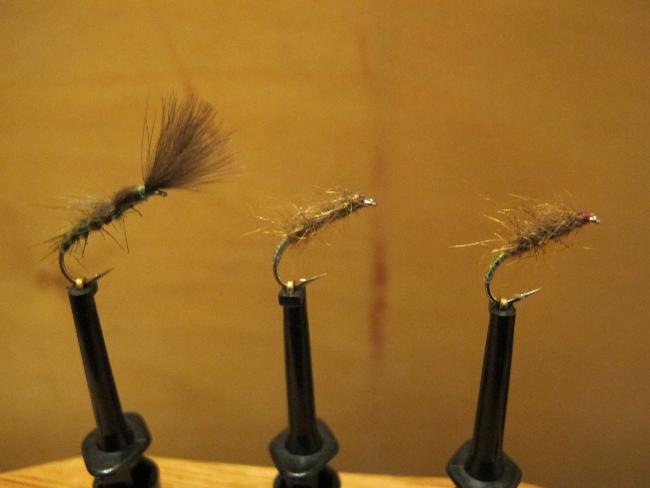 Olive shuttlecock and hares ear nymphs for caenis feeders